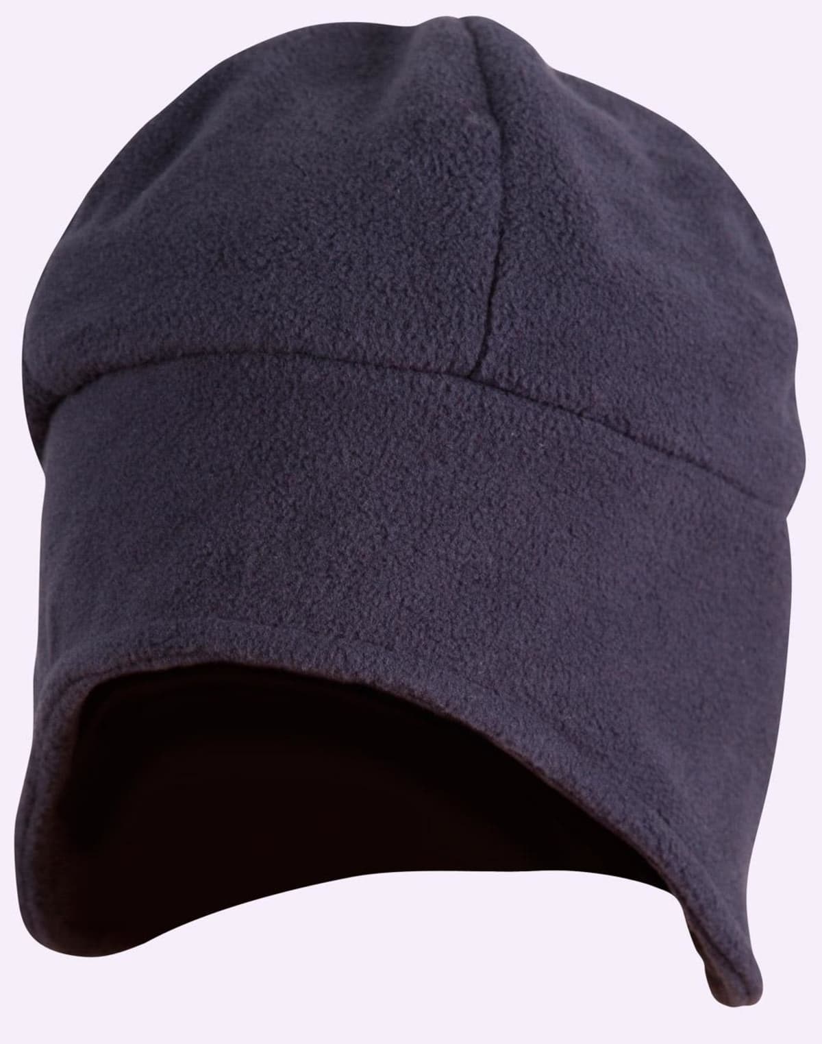 Dark gray fleece winter hat with ear flaps against a light background.
