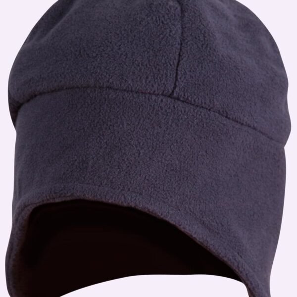 Dark gray fleece hat with ear flaps shown against a plain light background.