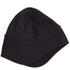 Black fleece winter hat with extended ear flaps, displayed on a white background.