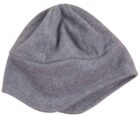 Gray fleece winter hat with an asymmetrical brim, lying flat on a white background.