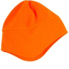 Bright orange fleece winter hat with a unique angled brim, shown on a white background.