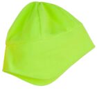 Bright yellow-green fleece winter hat with a slanted brim, viewed from the side.