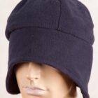 Mannequin wearing a dark blue fleece hat covering its eyes and ears.