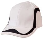 White baseball cap with black curved accents on the brim and sides, shown on a white background.