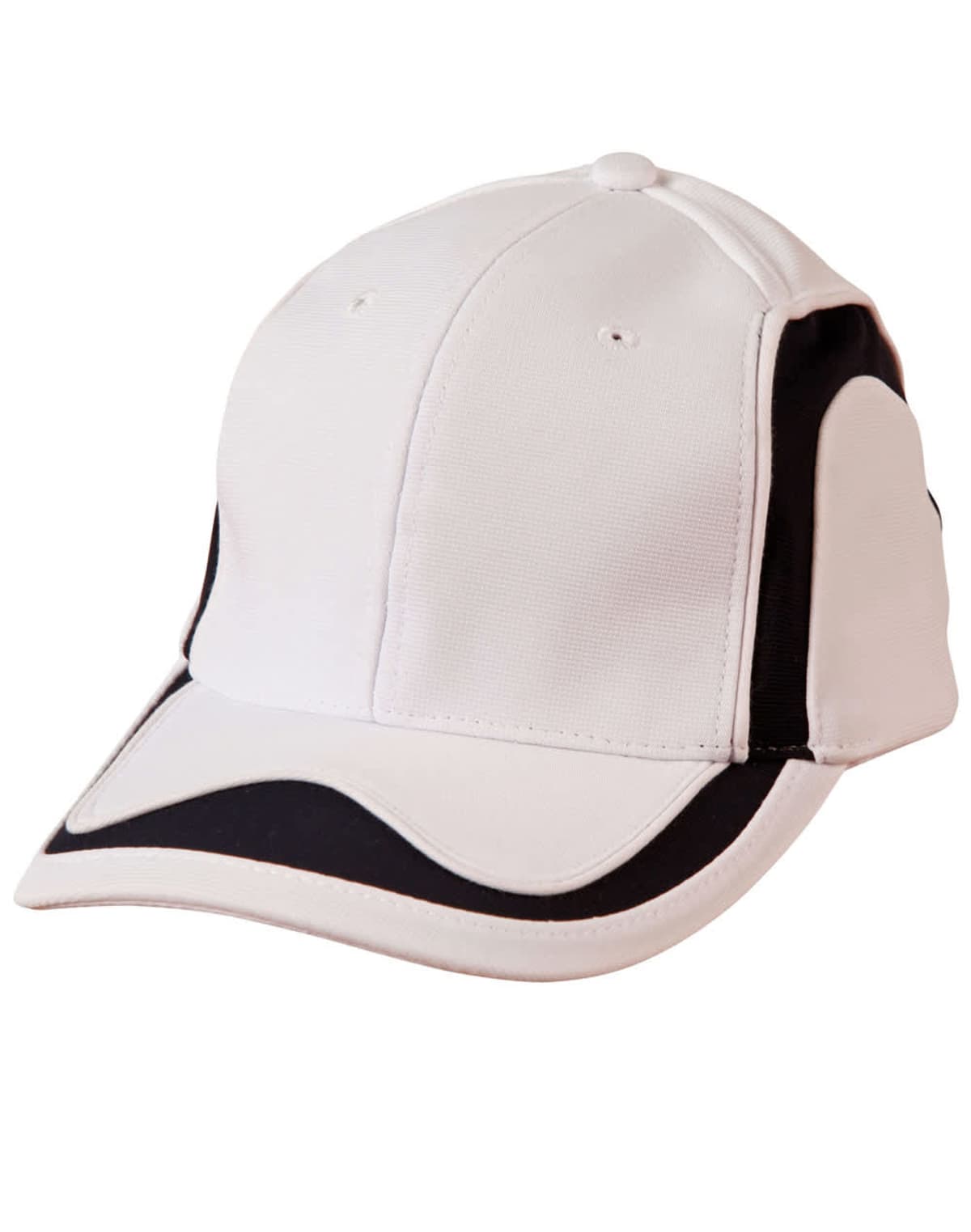 White baseball cap with black curved accents on the brim and sides, shown on a white background.