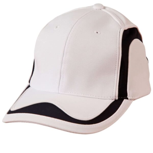 White baseball cap with black accents on the brim and sides, shown on a white background.
