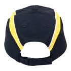 Back view of a black cap with yellow and white stripes and an adjustable strap.