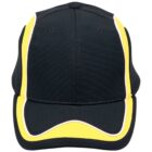 Black baseball cap with yellow and white accents on the front and brim.