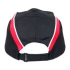 Black cap with red and white stripes, shown from the back with an adjustable strap.