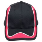 Black cap with red and white stripes on the front, viewed from the front.