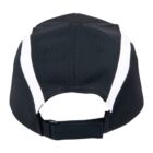 Back view of a black cap with white stripes and an adjustable strap.