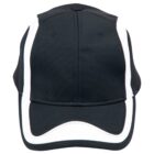 Black baseball cap with white stripes, front view, on a plain white background.