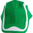 A green baseball cap with white accents, viewed from the front.