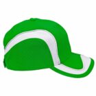 Green baseball cap with white and black curved accents on the side and brim.