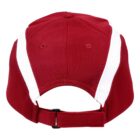 Red baseball cap with white side stripes, viewed from the back and featuring an adjustable strap.