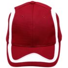 Red baseball cap with white stripes and trim, viewed from the front.