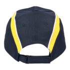 Navy blue cap with yellow and white stripes, adjustable strap at the back.