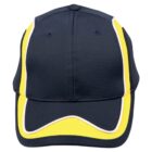 Front view of a navy baseball cap with yellow and white stripes on the brim and sides.
