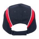 Back view of a navy blue cap with red and white stripes and an adjustable strap.