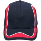 A navy blue baseball cap with red and white accents, viewed from the front.