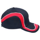 A black baseball cap with red and white curved stripes on the side and brim.