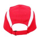 Red baseball cap with white stripes, viewed from the back, showing an adjustable strap.