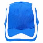 Blue baseball cap with white accents, viewed from the front, on a white background.