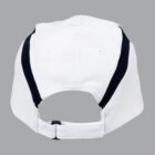 White baseball cap viewed from the back, with a black stripe and adjustable strap.