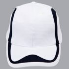 White baseball cap with black accents, displayed on a plain gray background.