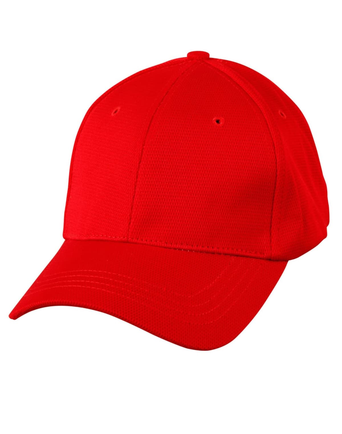 Bright red baseball cap with a curved brim and six panel stitching, on a white background.