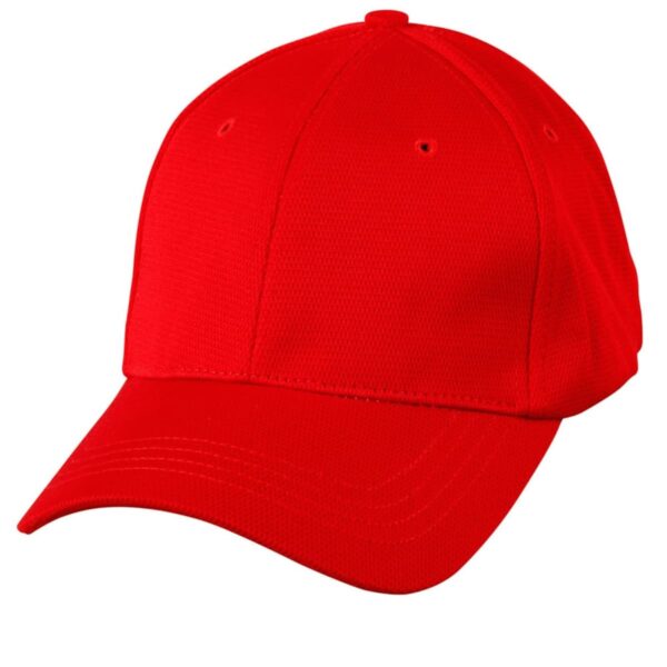 A plain red baseball cap with a curved brim.