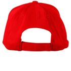 Back view of a red baseball cap with an adjustable strap.