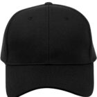A plain black baseball cap viewed from the front against a white background.