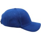 A plain blue baseball cap viewed from the side.
