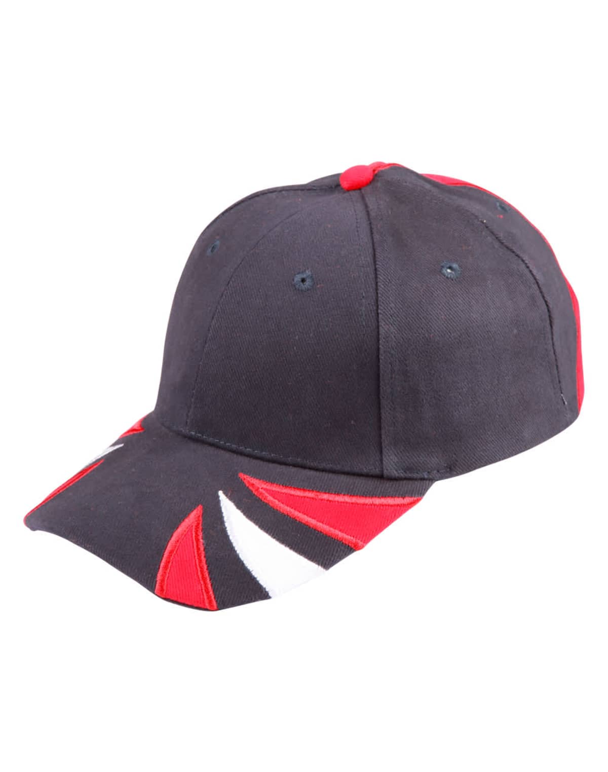 Black baseball cap with red and white accents on the brim, shown on a white background.