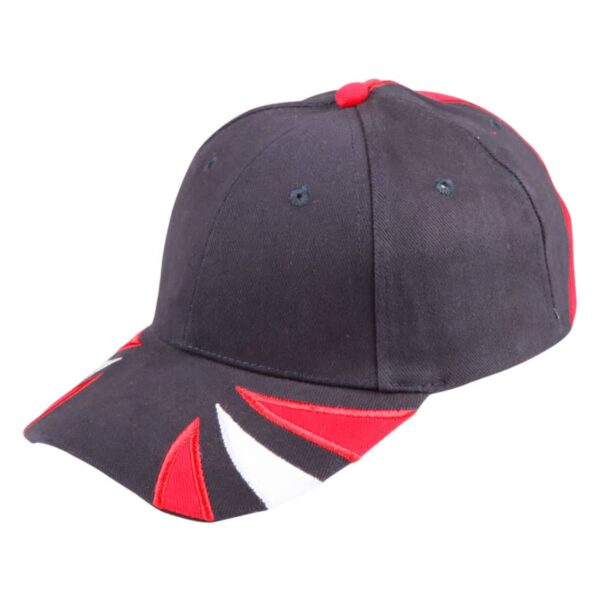 Black baseball cap with red and white decorative accents on the brim and a red button on top.
