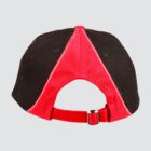 Back view of a black and red baseball cap with an adjustable strap and metal buckle.