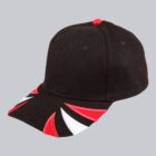 Black baseball cap with red and white geometric patterns on the brim and a red button on top.