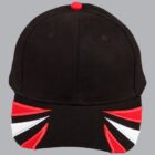 Black cap with red, white, and black geometric pattern on the brim, red button on top.