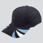Black baseball cap with blue and white leaf designs on the brim, on a gray background.