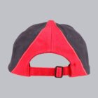 Back view of a red and black cap with an adjustable strap and buckle.