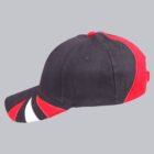 Black and red baseball cap with white and red accents on visor, side view.