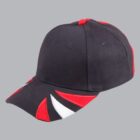 Black baseball cap with red and white design accents on a plain gray background.