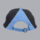 Black and blue baseball cap shown from the back with an adjustable strap.