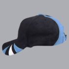 Blue and black baseball cap with a curved brim and white accent design on the side.