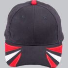 Black cap with red, white, and black geometric design on the front, viewed from the front.