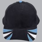Black baseball cap with blue and white geometric designs on the brim, shown on a gray background.