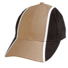 Brown and black baseball cap with white stripes along the center and sides.