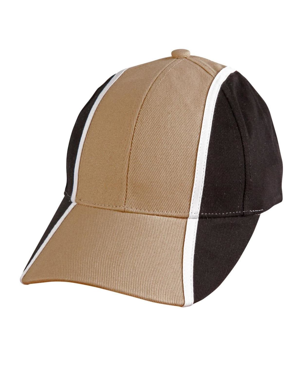 Brown and black baseball cap with white stripes along the center and sides.