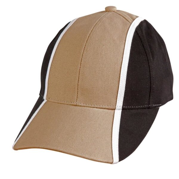 Brown and black baseball cap with white stripes along the front and sides.
